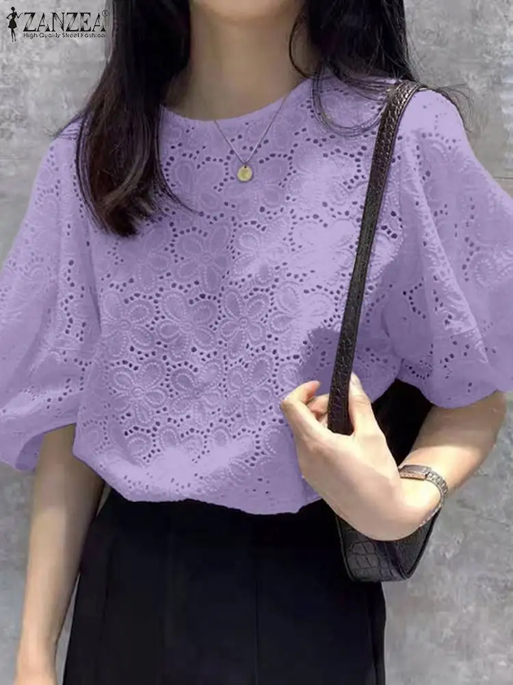 ZANZEA Stylish Women Short Sleeve Lace Crochet Blouse Summer Elegant Shirt Casual Loose Hollow Out Blusas Femininas Work Tops