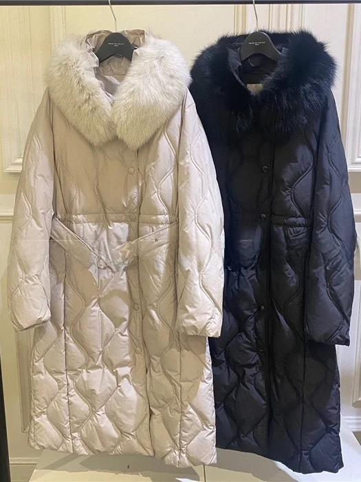 

Slim Fit Fur Trimmed down Jacket Women's Padded Coat White Goose down Waist-Cinching Warm Long Sleeve Coat by ROSE