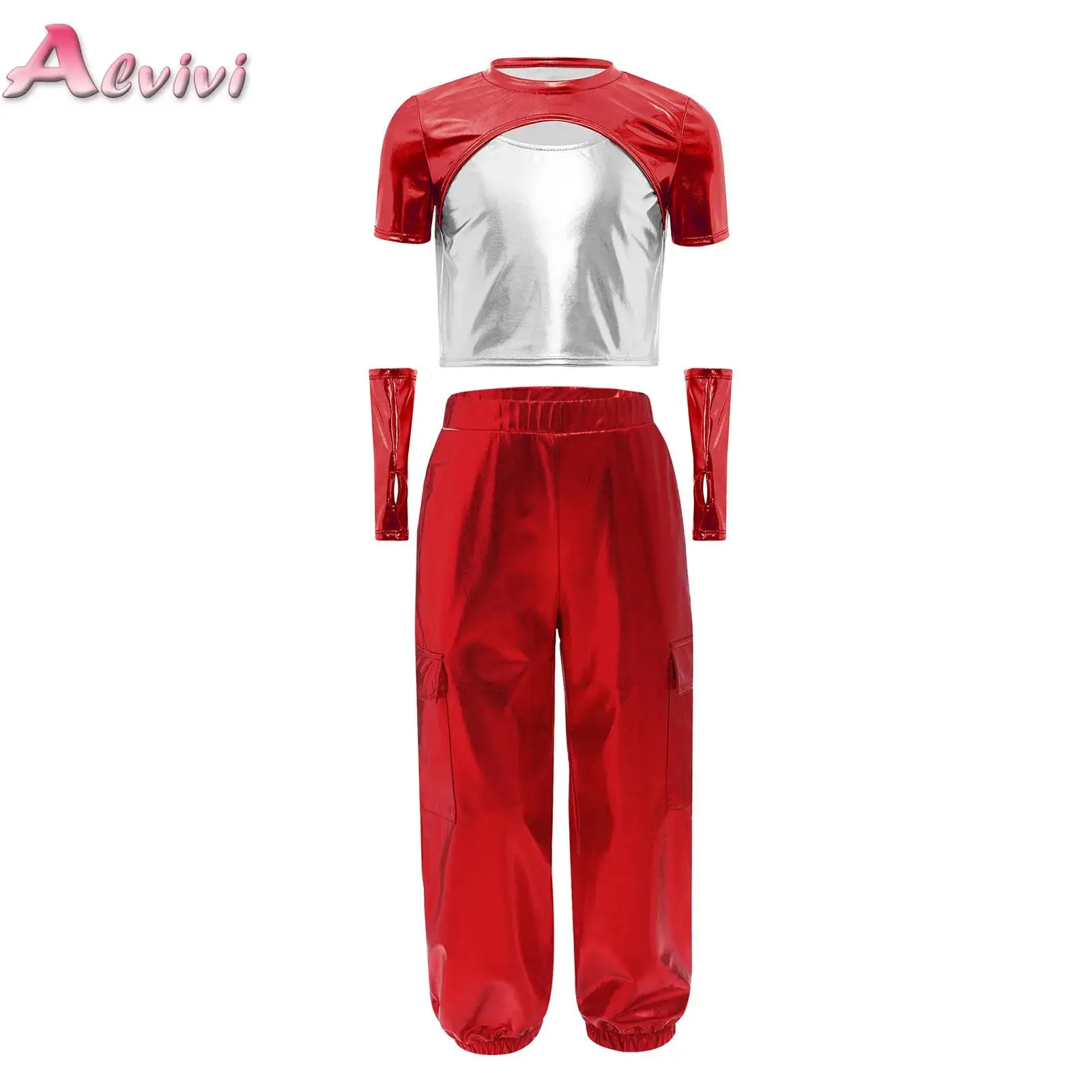 

Kids Girls Metallic Clothes Set Short Sleeve Color Block Top with Gloves And Cargo Pants Hip-Hop Jazz Dance Performance Outfit