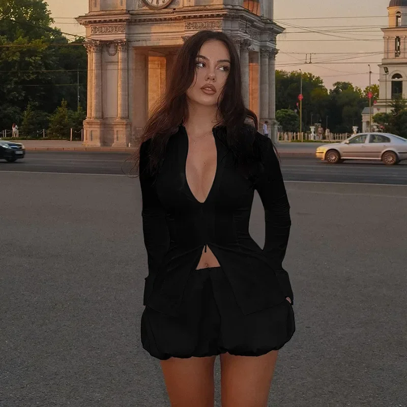 Vrouwen 2 Stuk Sets Skinny Eenvoudige Dagelijkse Lange Mouw Crop Tops + Gezwollen Rok Streetwear Bijpassende Outfits 2025 Elegante Avond prom