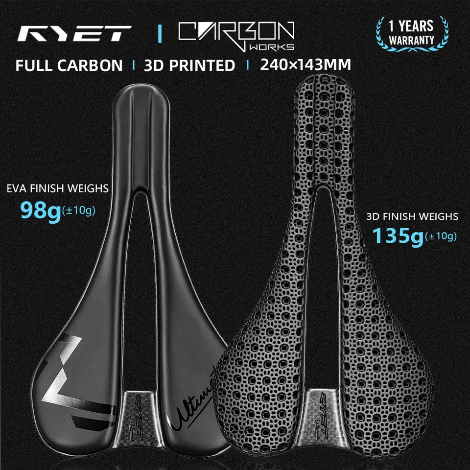 RYET Carbon 3D Printed Saddle, 240mm ×143/155MM Superlight 98g 7*9