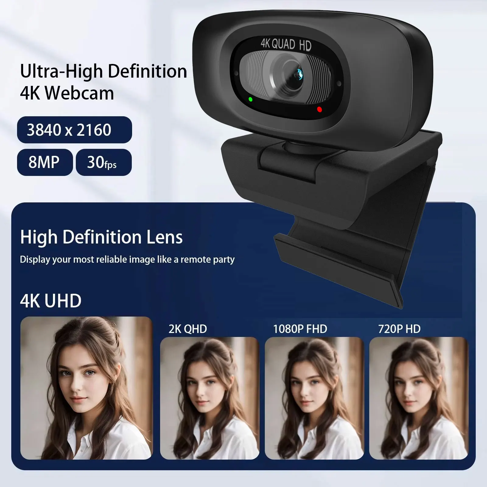 كاميرا ويب EXHQDR 4K USB مع ضبط تلقائي للصورة، 8MP30 إطارًا في الثانية، غطاء خصوصية منزلق، ميكروفون، حامل ثلاثي القوائم، Type-C، للتكبير والبث ومكالمات الفيديو، PC/Mac