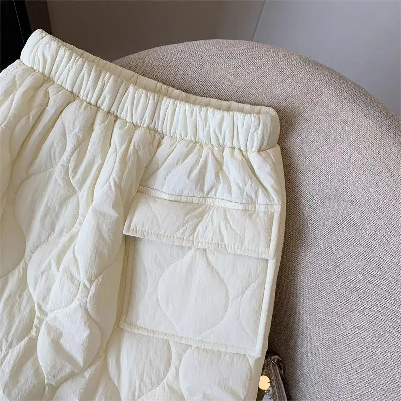 伸縮性ウエストのコットンスカート レディース 2025秋冬 厚手 中綿入り 保温 ストレート ロングスカート