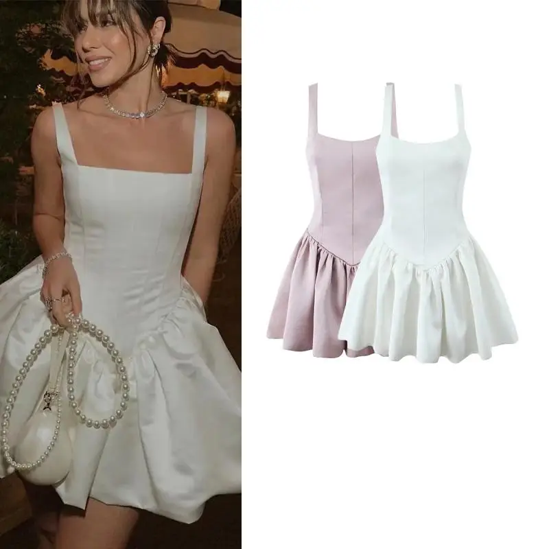 فستان جديد للنساء بتصميم خريف وشتاء، ياقة مربعة، خصر مخصر، قصير بدون أكمام، تنورة على شكل A عالية الخصر.