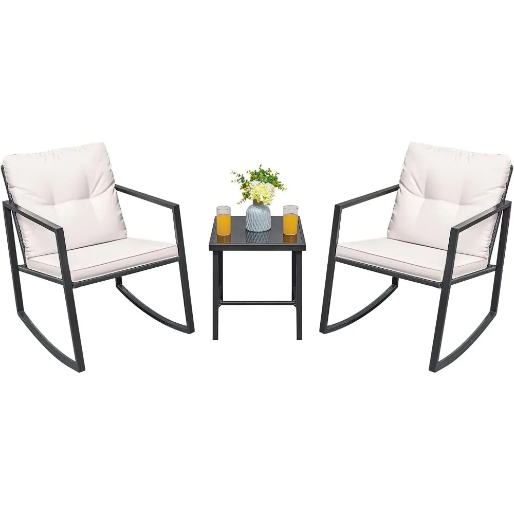 ロッキングウィッカービストロセット3点、パティオ屋外家具会話セット、ポーチチェアとガラスコーヒーテーブル付き