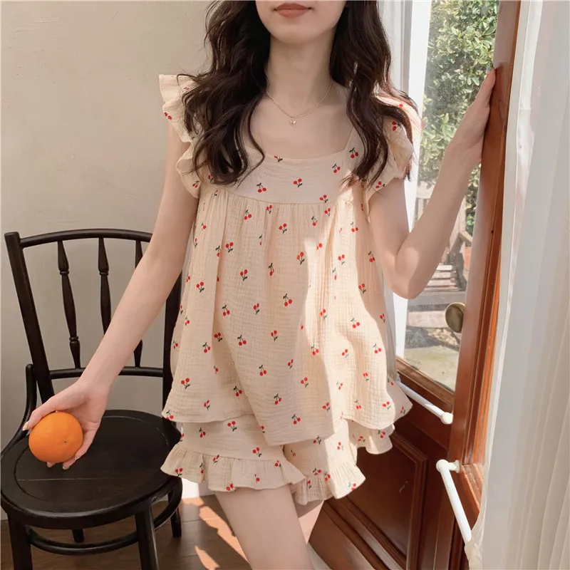 Frühling Sommer Damen 2-teiliges Set Lässige Loungewear Mädchen Ärmellose Spitzen-Weste Shorts Set Damen Locker Sitzender Blumendruck Indoor-Pyjama
