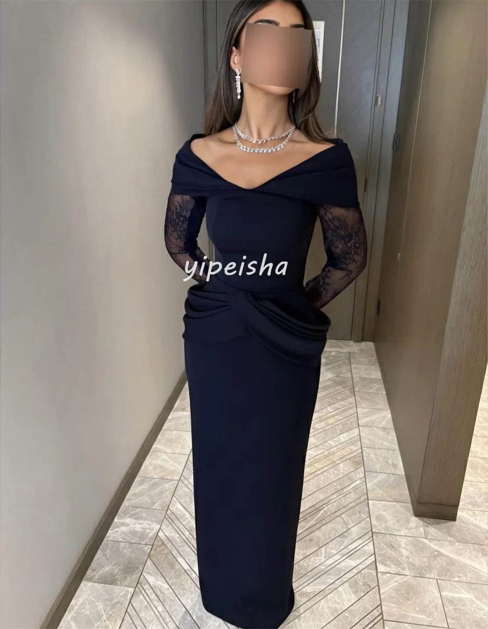 تخصيص رائعة كلاسيكية جيرسي الطية الدانتيل Ruched رايات مستقيم خارج على الكتف فساتين طويلة فساتين السهرة جودة عالية #4