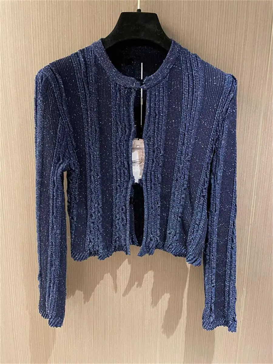 

Silver Tead Mixed Yarn Wave Two-Piece Set iny Knitted Women's Cardigan with Soul Stripe Design oulder Strap Open Cardigan