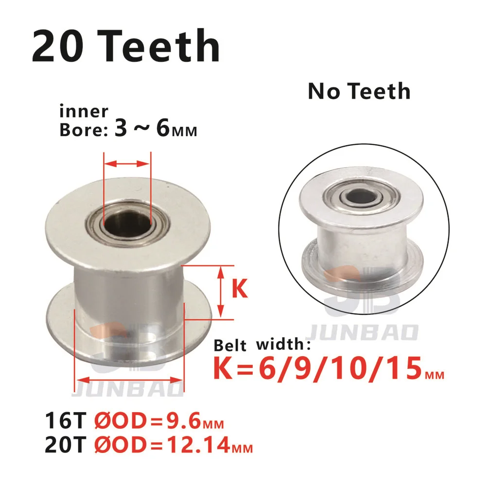 3D Printer 2GT 16T 20 Teeth Idler Pulley Bore 3 4 5 6MM With Bearing 6 9 10 15MM GT2 Synchronous Whell Timing Pulley idle Gear