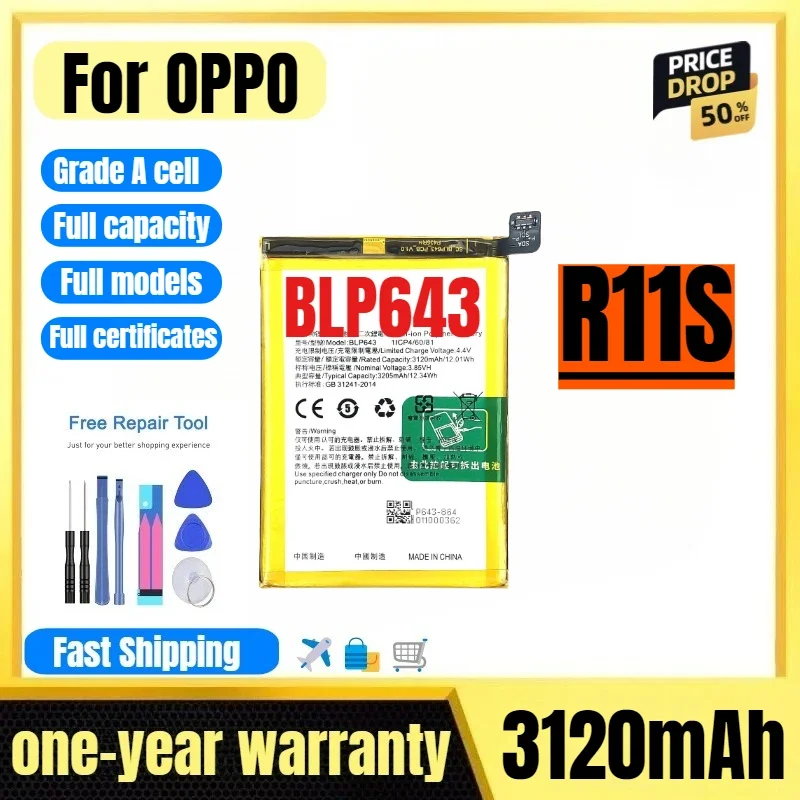 BLP643 for OPPO R11S Mobile Phone Battery High Quality High Capacity Battery Replacement Bateria Grade A Cell with Tools