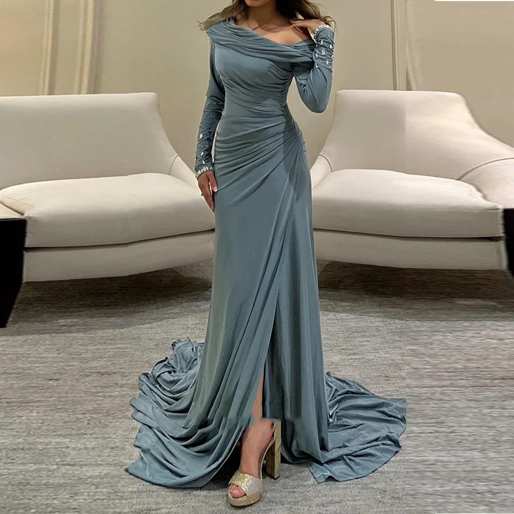 

Exquisite Blue Evening Dresses Women Off The Shoulder Mermaid Crystals Floor Length Vent Chapel Train Female Gowns Classic 2025