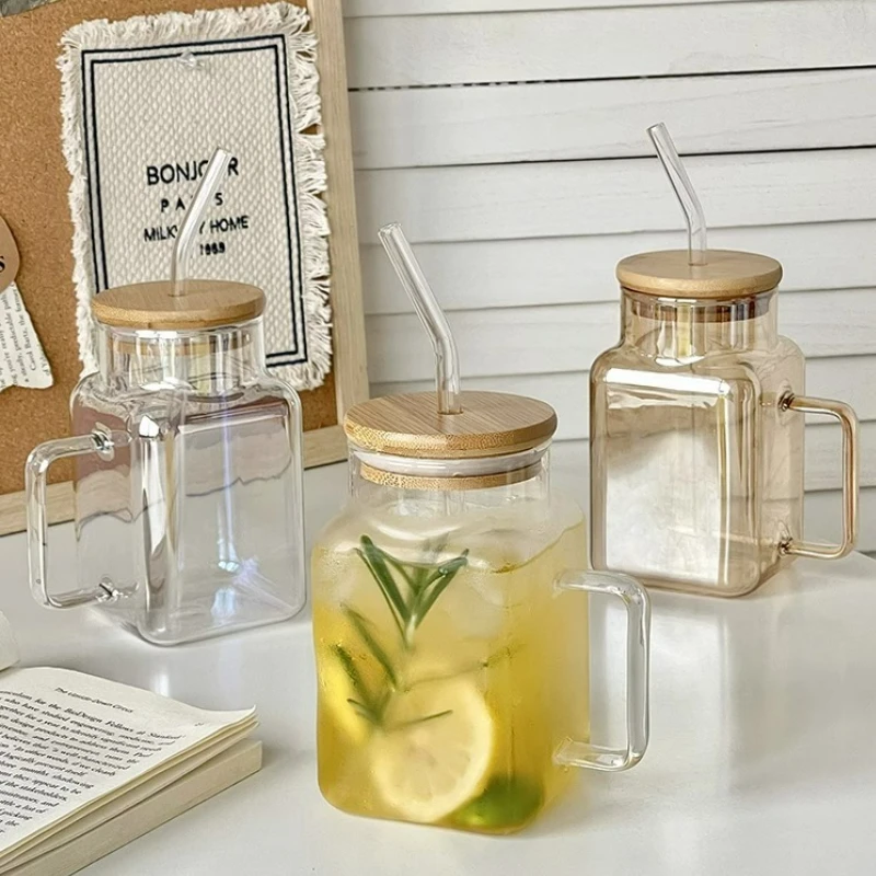 620ml Large Capacity Straw Cups Creative Coffee Cup Milk Cup Juice Cup Tea Glasses with Straw and Lid Portable Cup with Handle