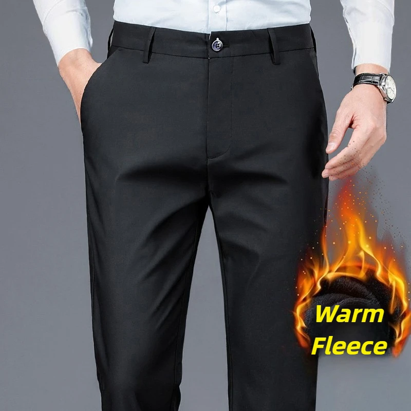 

Men's Winter Fleece Suit Pants Elastic Casual Non-ironing Trousers Black Pants Slim-fit Straight Business Formal Suit Trousers