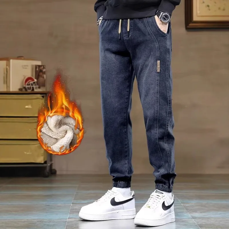 

Мужские теплые джинсы с эластичной резинкой на талии и флисовой подкладкой, новые модные лоскутные универсальные шаровары для бега