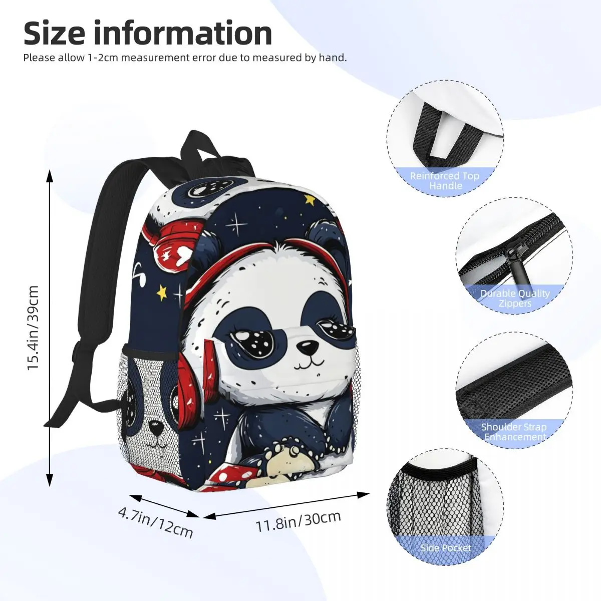 Adorable Panda With Headphones And Music Backpack Daypack Large Capacity Boys Girls BookBag Shoulder Bags for Kids School Bag