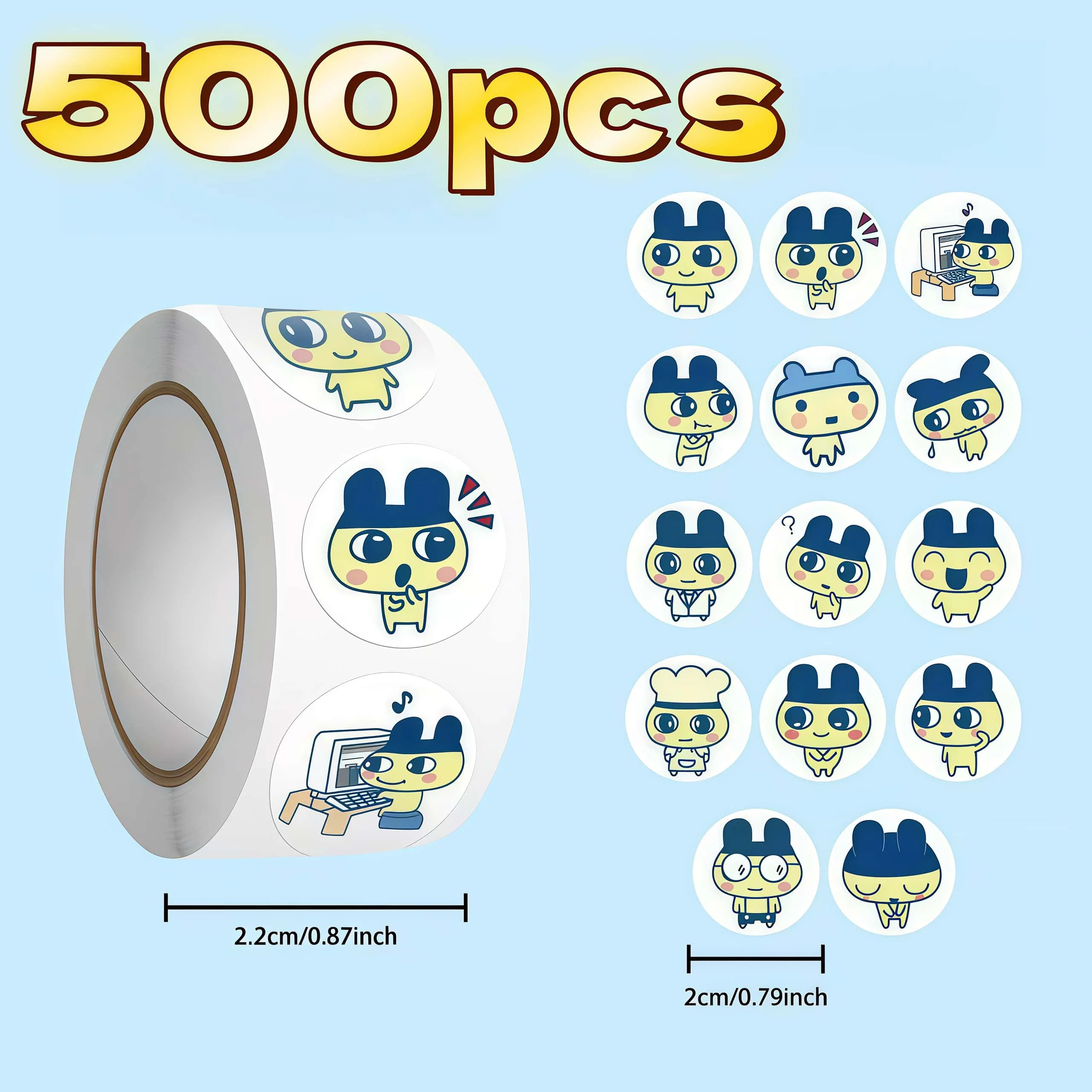 500Pcs Cute Mametchi Round Sticker Roll, Multi Expression Tamagotchi Character Labels for Packaging Journal Scrapbook DIY Decor