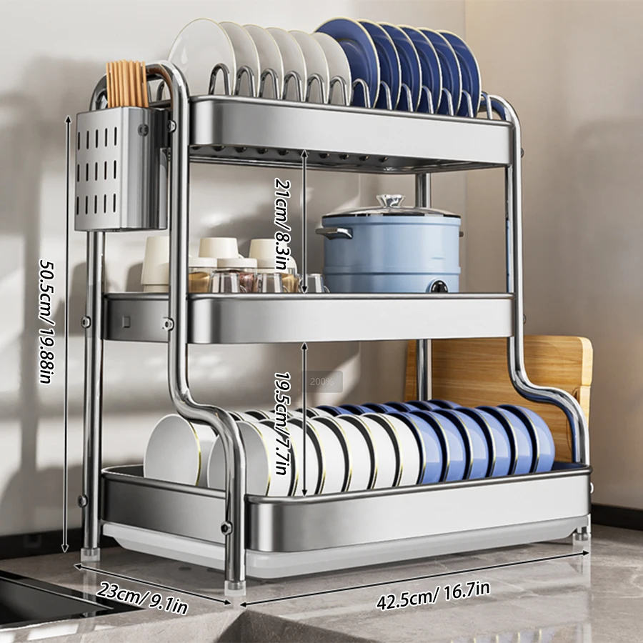 رف الأطباق، رف تجفيف الأطباق من الفولاذ المقاوم للصدأ مع صينية تصريف وحامل أواني، رف أطباق ذو سعة كبيرة للأطباق والأطباق