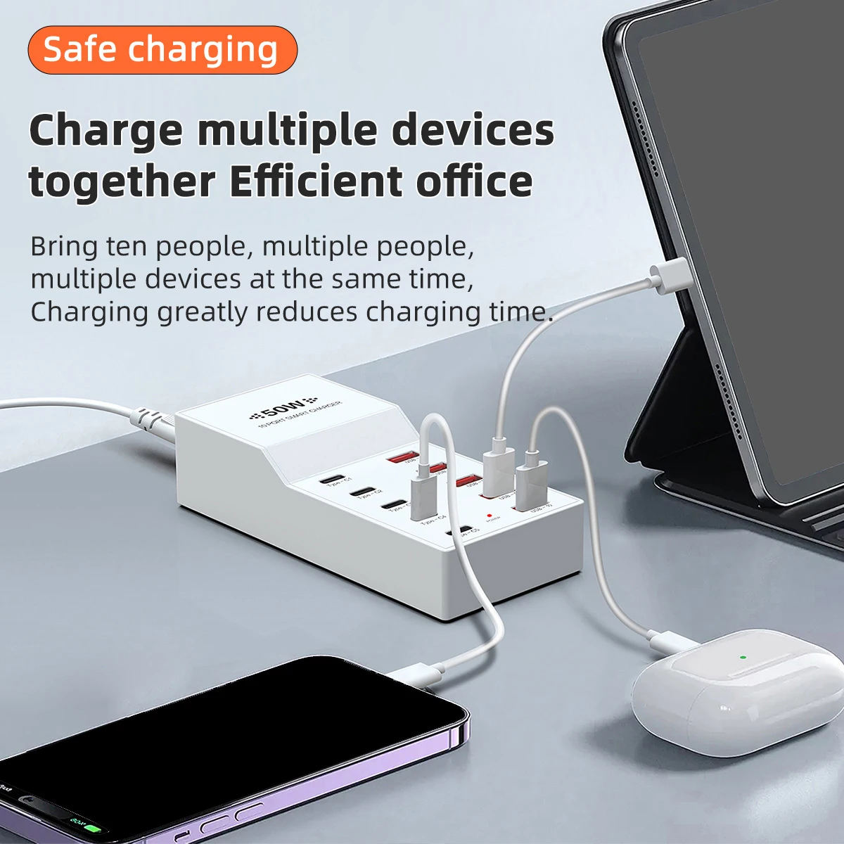 White 50W 5-Ports USB-A+PD QC 3.0 5-Prots Fast Charger Station For Android Apple mobile phone and Other USB Devices - náhled 5