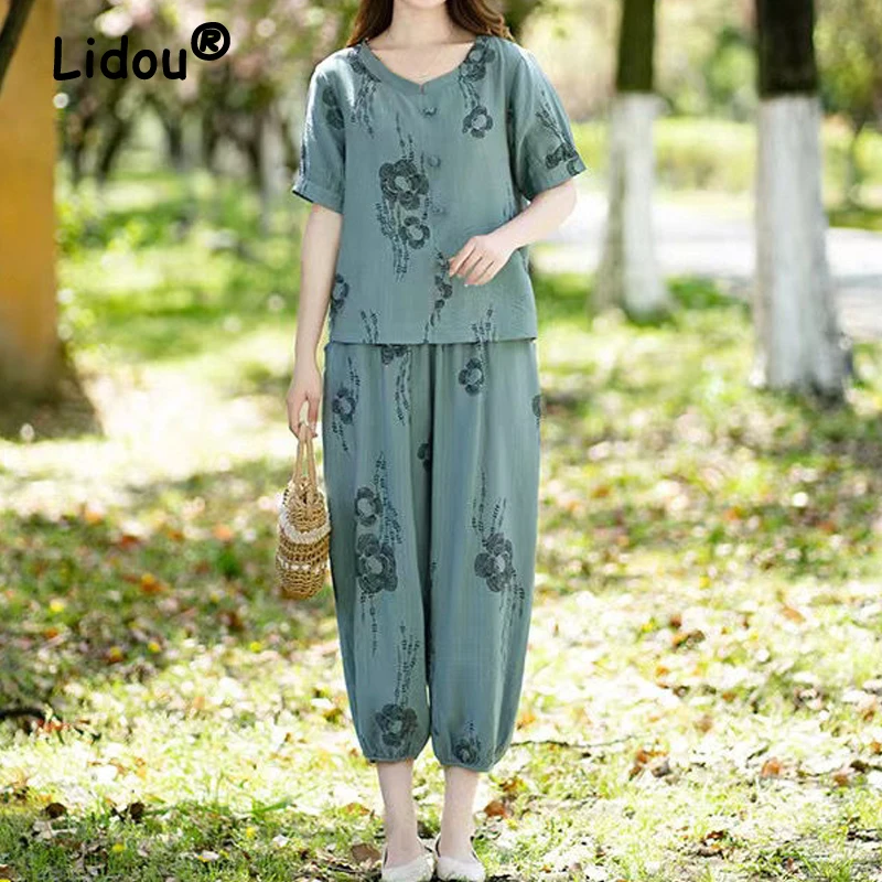 

Summer Outfits for Women 2023 Vintage Print V Neck Short Sleeve Blouse Loose Y2K Tops Casual Ankle Length Linen Pants Ropa Mujer