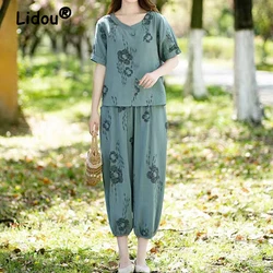 Summer Outfits for Women 2023 Vintage Print V Neck Short Sleeve Blouse Loose Y2K Tops Casual Ankle Length Linen Pants Ropa Mujer