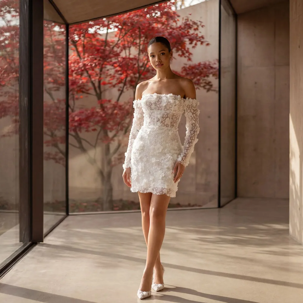 

3D Floral Lace Mini Wedding Dresses Bridal Backless Long Sleeves Short Bridal Gown for Elopement Reception 2026 Customized