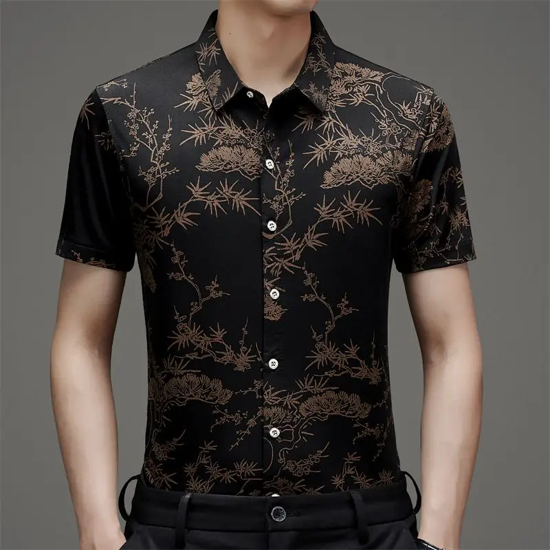 Summer Men\'s Clothing Short Sleeve Button Turn-down Collar Printing Plant&Flowers Contrast Color Cardigan Shirt Vintage Tops