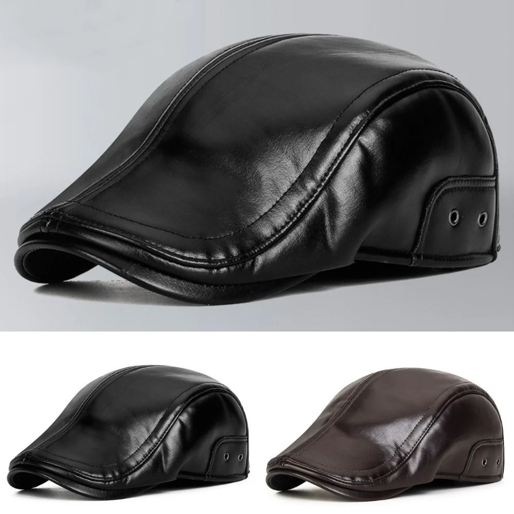

PU Leather Middle-aged Elderly Duck Tongue Hat Short Brim Vintage Newsboy Flat Cap Keep Warm Windproof Suede Painter Cap Men