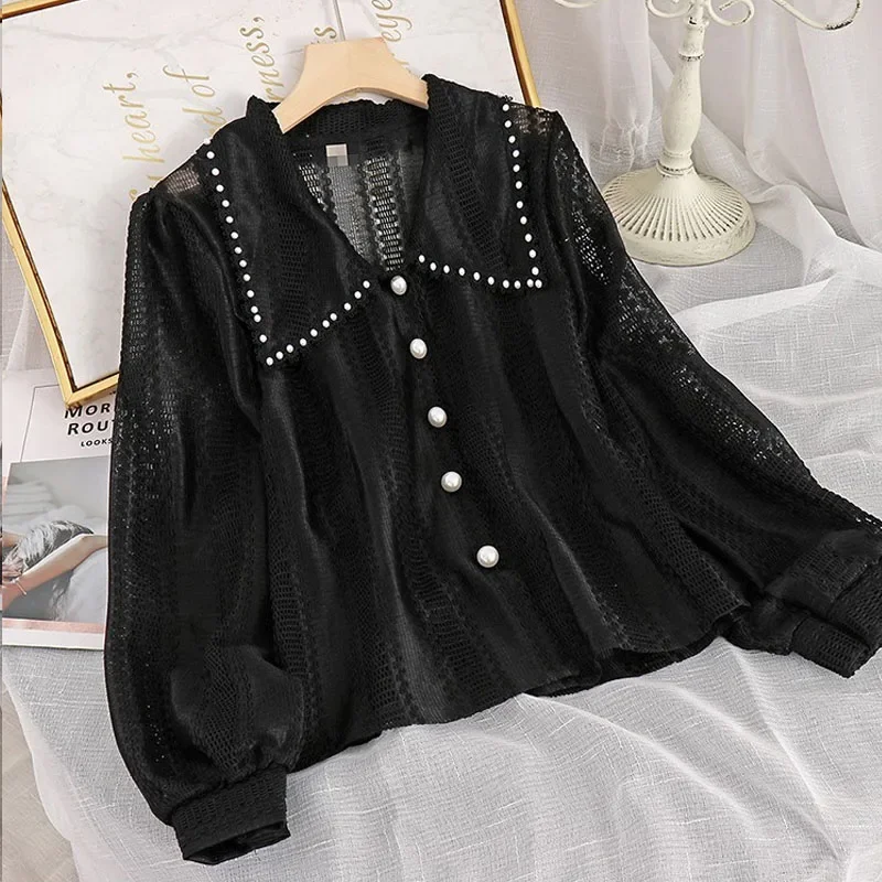 Spring Elegant Lace Women Shirt Hollow Out Peter Pan Collar Tops Fashion Office Ladies Long Sleeves Solid Blouses