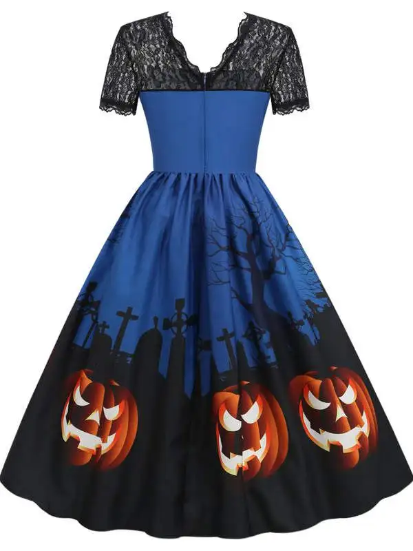 Rua sle loween par abóbora impressão a linha renda emenda fino ort sve maxi dr vestido feminino faion outono wear
