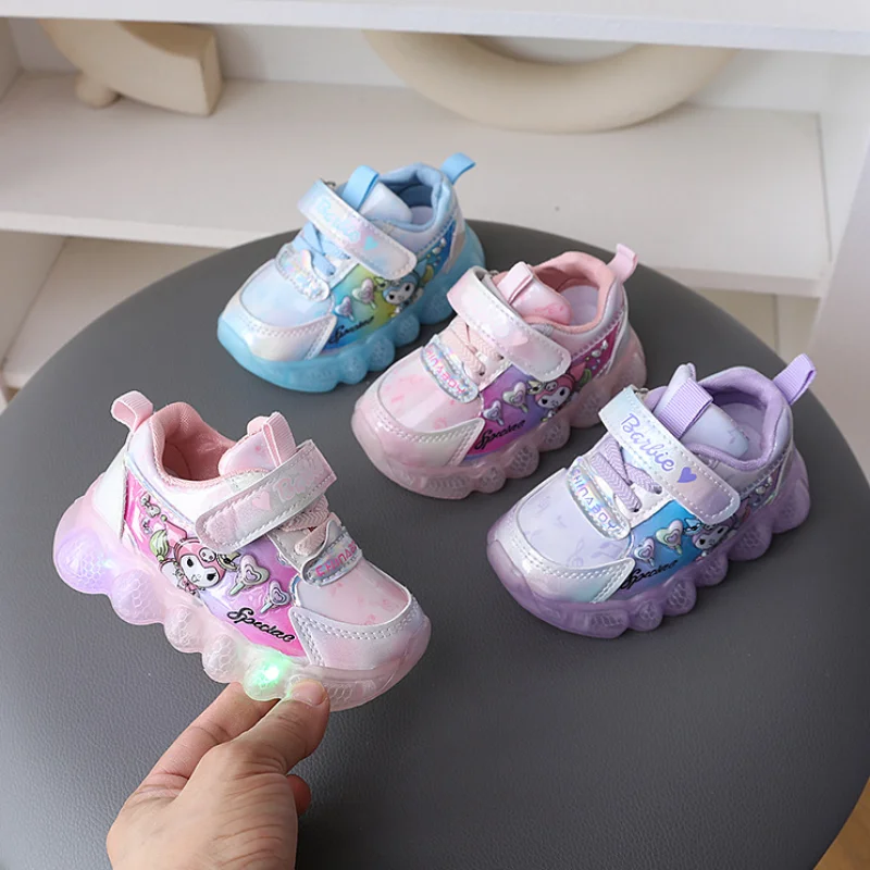 Girls Cartoon Kuromi LED Light Sports Shoes 2024 New Children\'s Anti Slip Soft Sole Cute Princess Casual Shoes Luminous Shoes