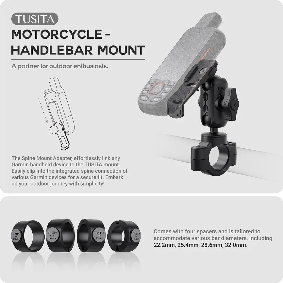 TUSITA Motorrad-GPS-Halterung, kompatibel mit Garmin Handheld GPS, Doppelsteckdose, Arm-Lenkerbasis