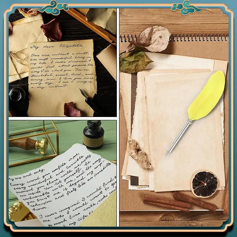 (New)-21Cm/8Inch Feather Ballpoint Pen, 2Pcs Ink Vintage Quill Pen Refined Plated Dip Pen For Calligraphy Writing