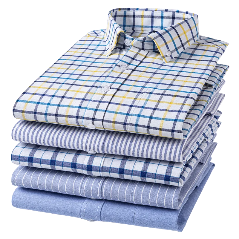 Men's Social Shirt Pure Cotton Oxford Luxury Brand Thin Soft Buttoned Plaid Formal Work Western Clothing