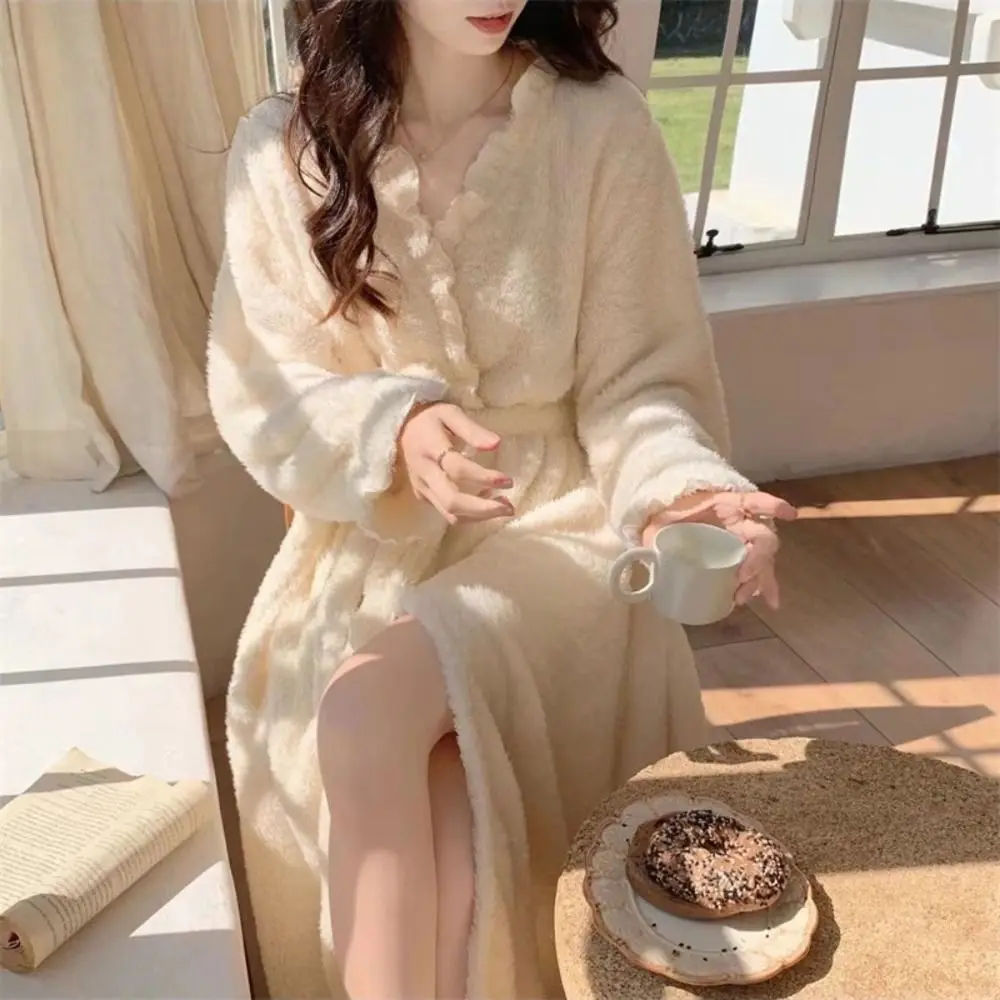 

Long Sleeves Coral Fleece Sleepwear Thicken Warm Ruffle Winter Flannel Night-robe Lace-up Home Wear Pajamas Robe Women