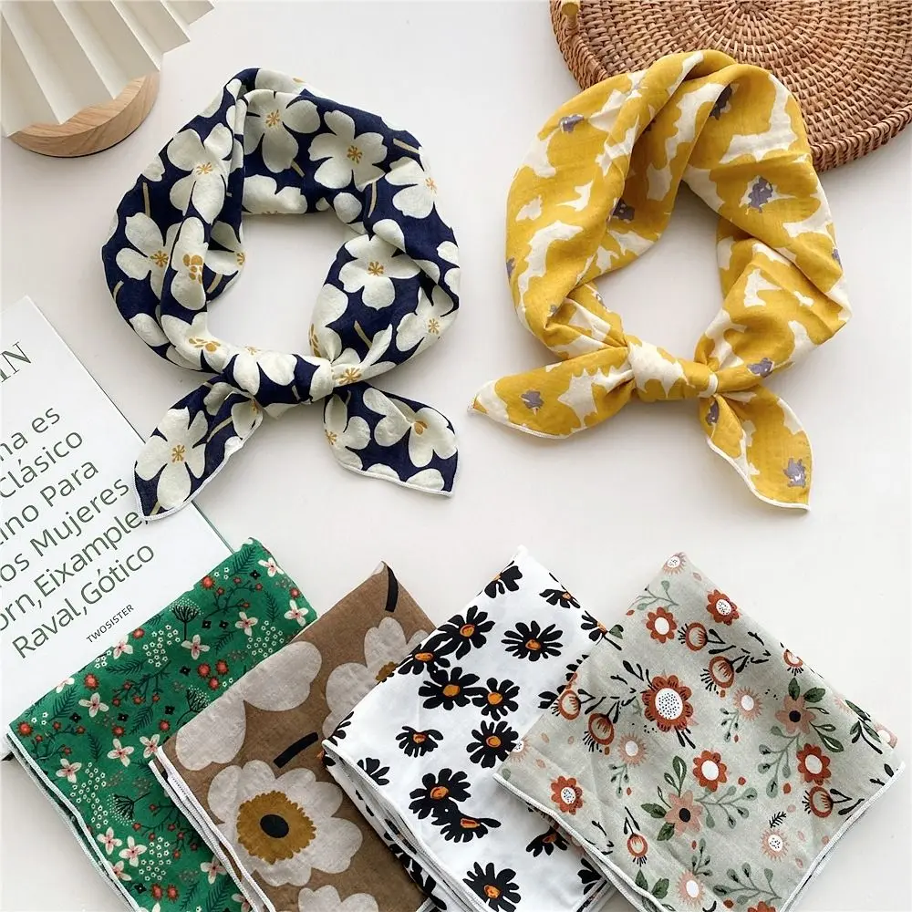 Flower Headband Cotton Linen Square Scarf Pastoral Style Hair Tie Printed Silk Scarf Collocation Clothing Accessories Scarves