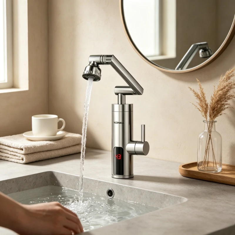 Stainless Steel Instant Hot Water Faucet, 4-Speed Mechanical Swivel Arm Bathroom Heater with Smart Display & Leak Guard, Durable