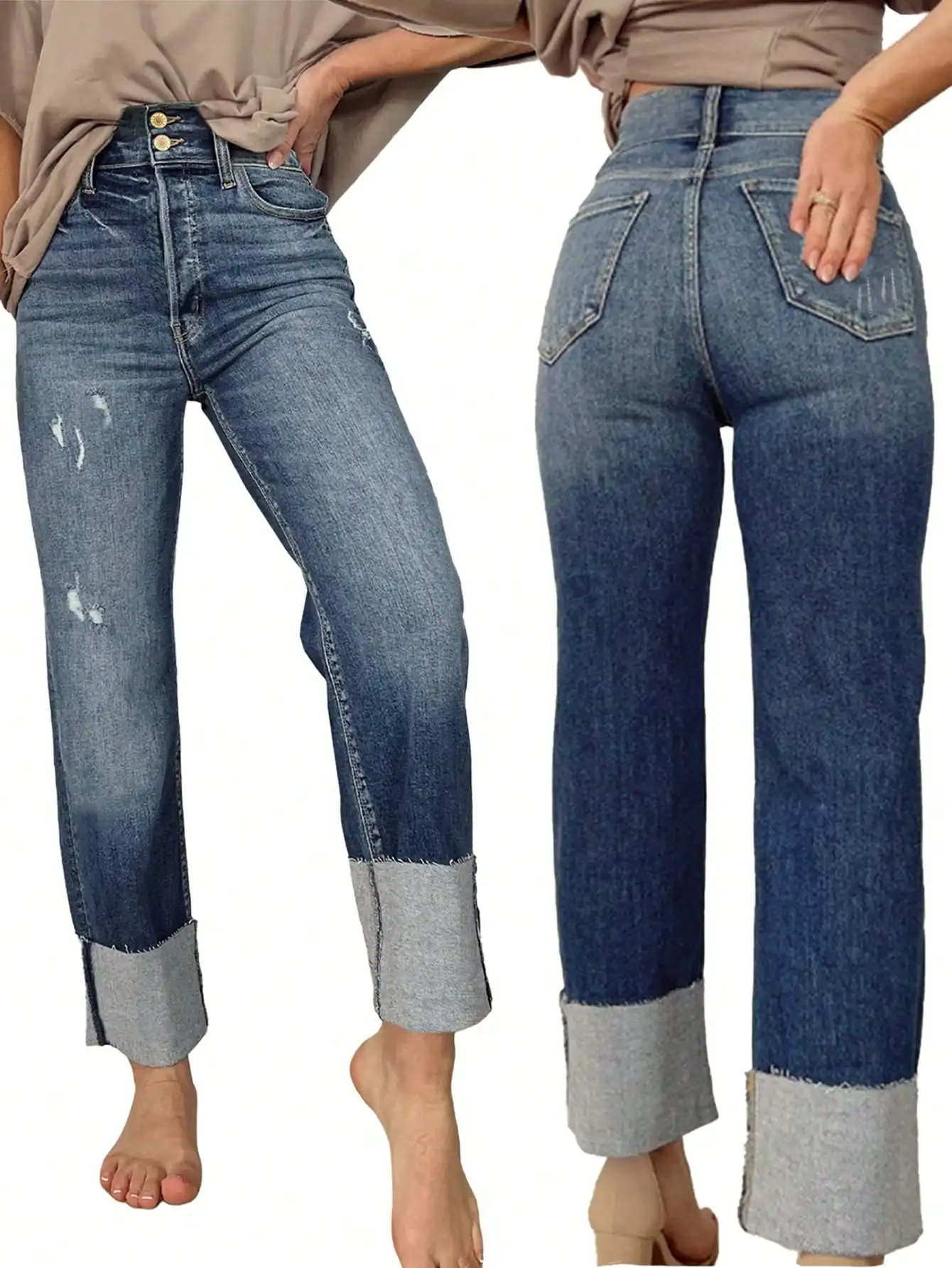 

Женские джинсы с высокой талией, прямого кроя, из эластичной ткани, с отворотами и эффектом потертости