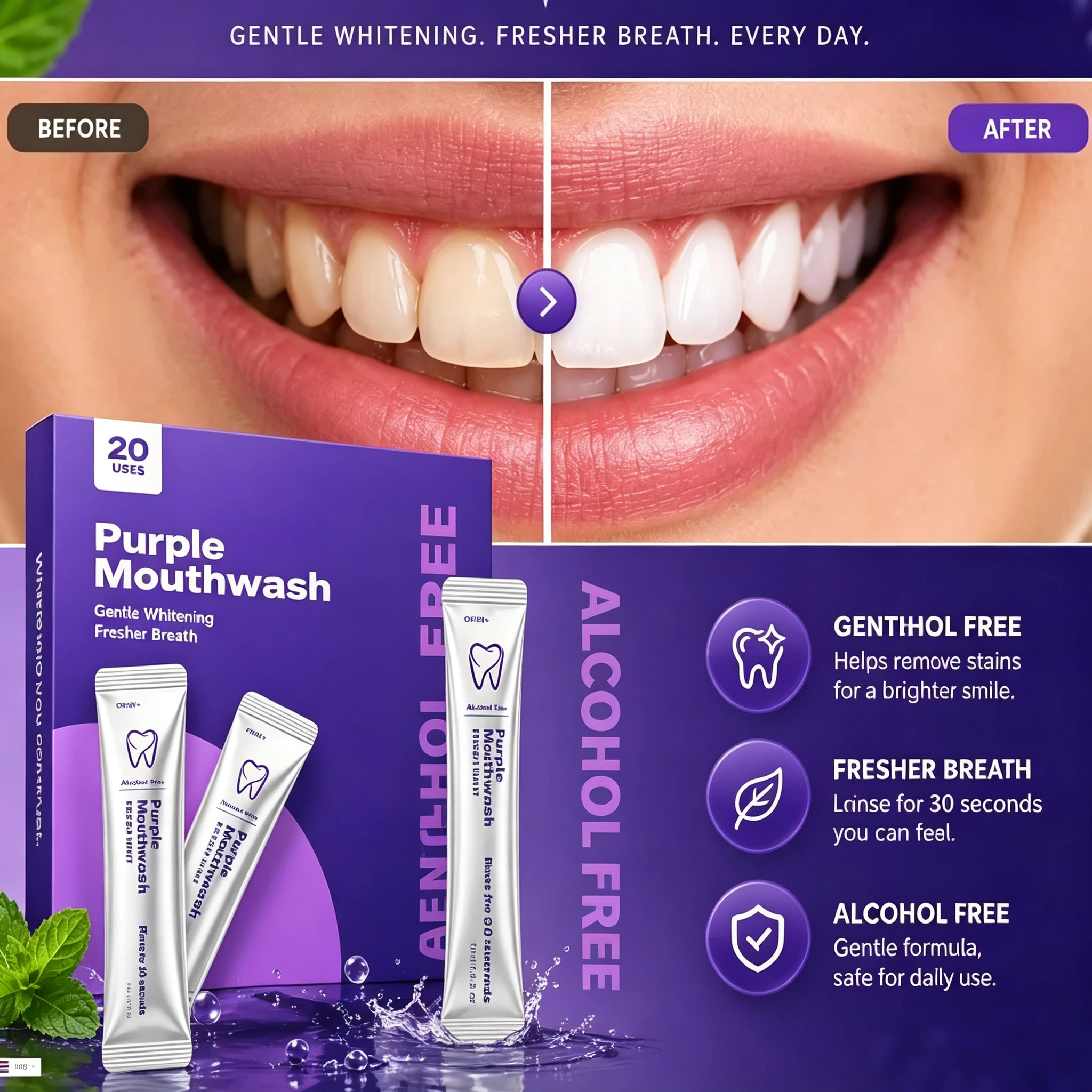Portable Purple Brightening Mouthwash Mint Scent Refresh Breath Reduce Plaque Protects Gums Professional Brand Teeth Oral Care