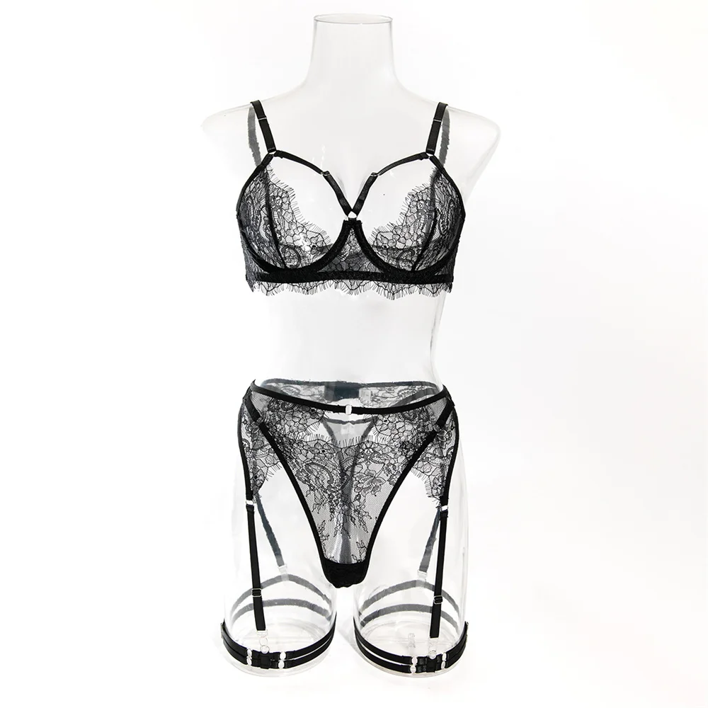 Krasapt-Lencería Sexy de encaje negro con perspectiva, conjuntos de 4 Uds., sujetadores y pantiers calados románticos, trajes de liga, conjunto delicado de Bilizna