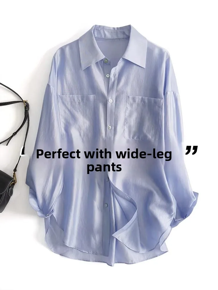 

Синяя шифоновая женская летняя тонкая дышащая рубашка-пальто, повседневная верхняя одежда для поездок на работу, весенне-осенний топ, легкая солнцезащитная верхняя одежда