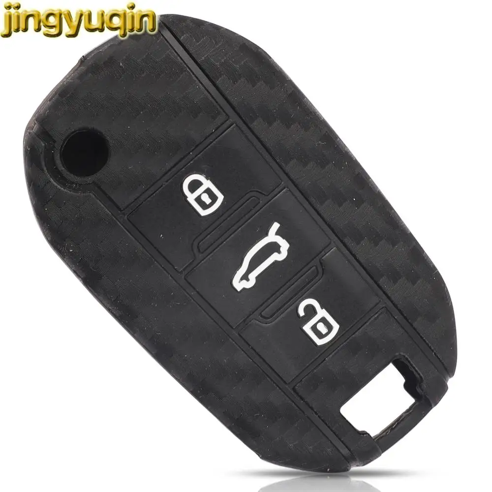 Jingyuqin Carbon Fiber Silicone Flip Remote Key Cover Case For Peugeot 208 2008 301 308 3008 408 508 Citroen C3 C5 Aircross