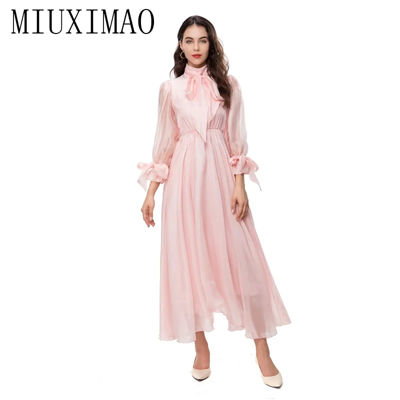 

MIUXIMAO 2023 High QualitySummer Elegant Dress French Romance Choker Bow Solid Gauze Gauze Fashion Long Dress Women Vestide