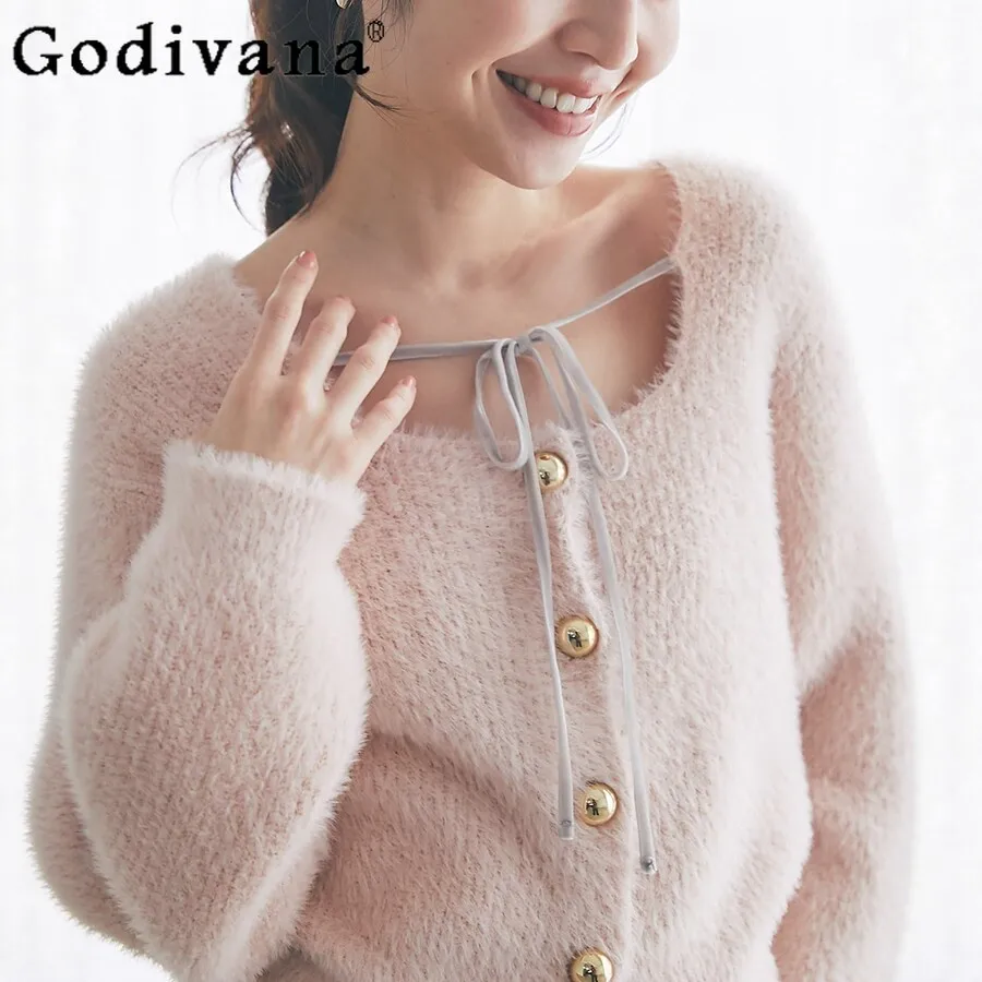 

Японский стиль: милый и нежный женский облегающий вязаный кардиган с длинными рукавами, универсальный повседневный топ на весну-осень 2026