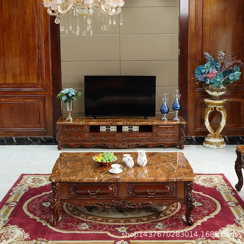 European style sofa coffee table marble TV  storage American rectangular retro all solid wood carved living room coffee table