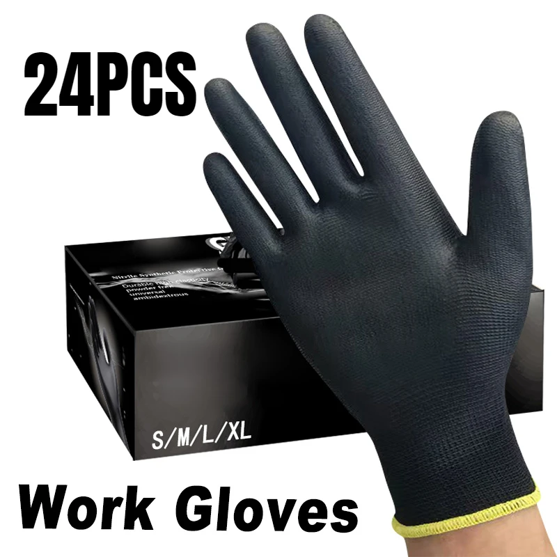 24PCS Black Nylon Gloves Anti-static Durable Elastic PU Coated Palm Gloves Construction Automotive Maintenance Work Supplies