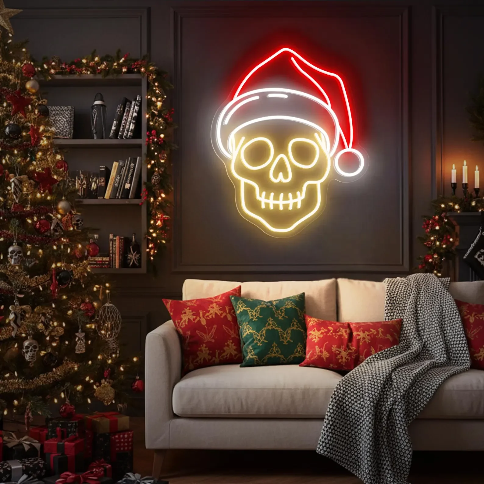 Skull with Santa Hat Neon Sign,Spooky Christmas Wall Light,Gothic Holiday Decor,Creepy Xmas Party Sign,Unique Christmas NeonSign