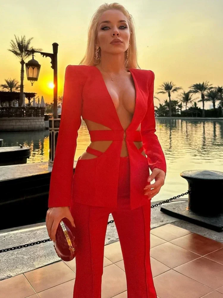 Sexy V Neck Long Sleeve Blazer Two Piece Set Women Red Hollow Slim Fit Jacket Flare Trousers Two Piece Pants Suit Party Office