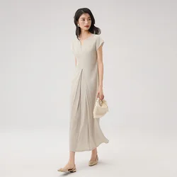 Miyake 2024 Summer New Thin V-neck French Dress Premium Short-sleeved Waist Elegant Temperament Commuter Dress