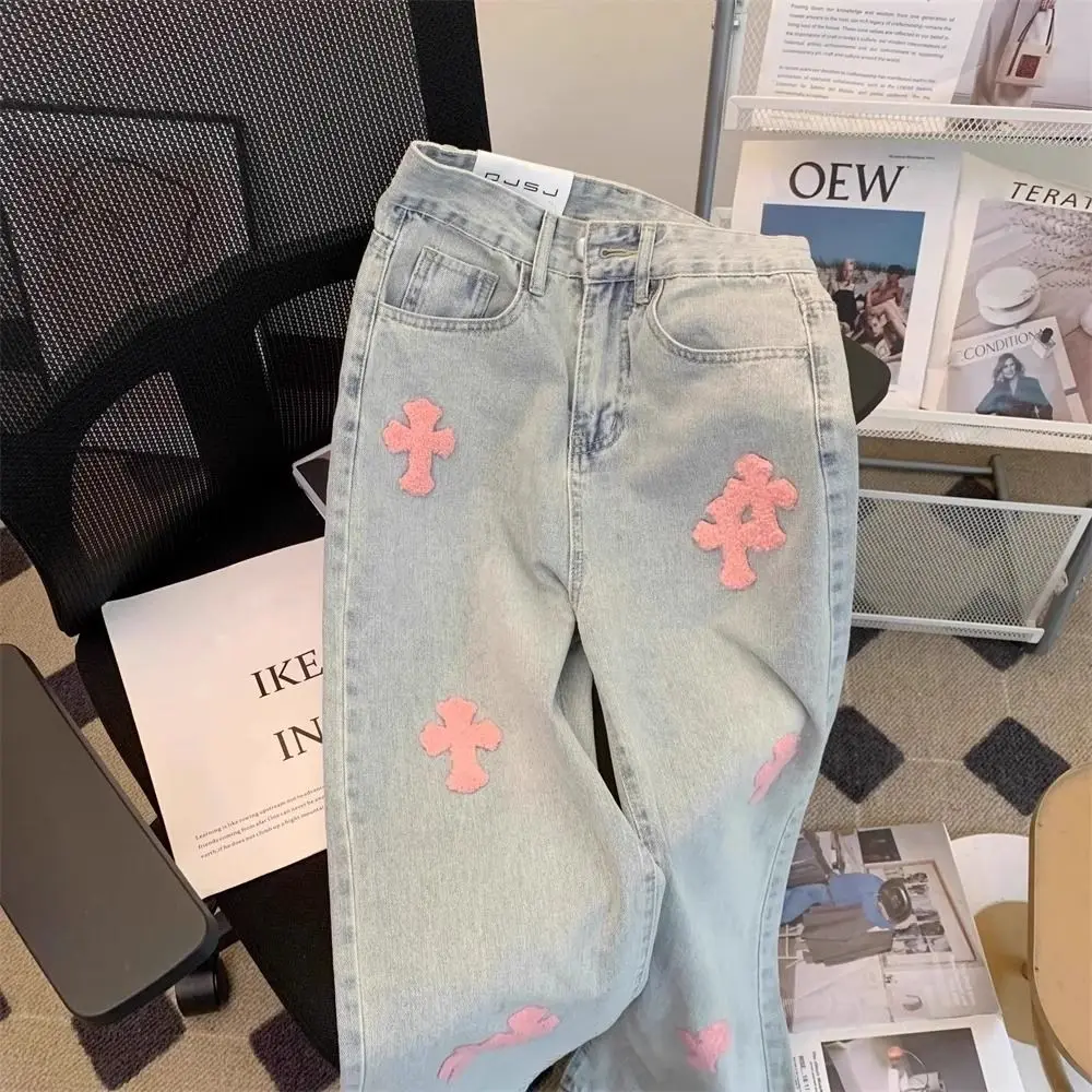 

Design sense, personalized embroidery, jacquard, loose fitting wide leg jeans for women's spring, new niche high waisted pants