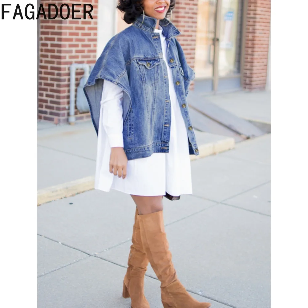 

FAGADOER Blue Denim Jacket Women Lapel Collar Single Breasted Side Hollow Out Fashion Streetwear Coat Oversized Outwear